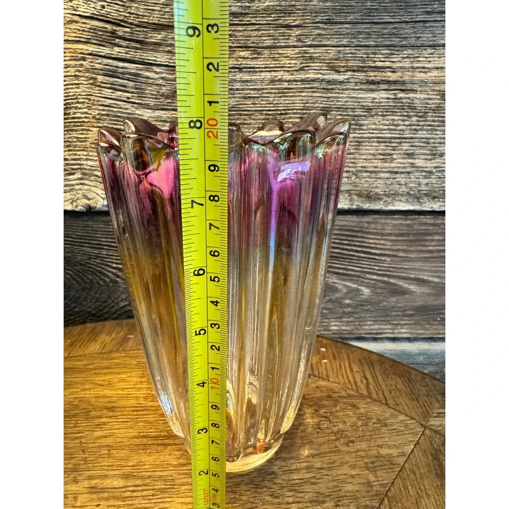 Federal glass Vintage Cranberry Amber Ombre Art Glass Vase‎ Ribbed Ruffle Rim